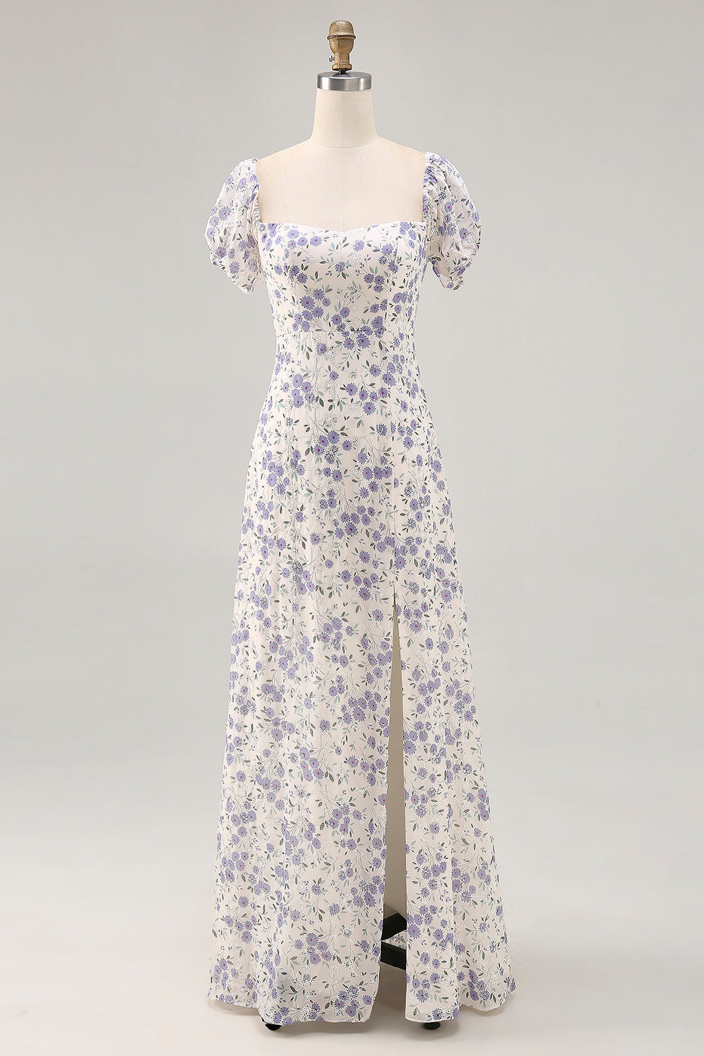 A Linie Druck Blaue Blume Langes Hochzeitsgastkleid mit Schlitz