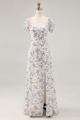 A Linie Druck Blaue Blume Langes Hochzeitsgastkleid mit Schlitz