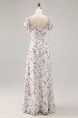 A Linie Druck Blaue Blume Langes Hochzeitsgastkleid mit Schlitz