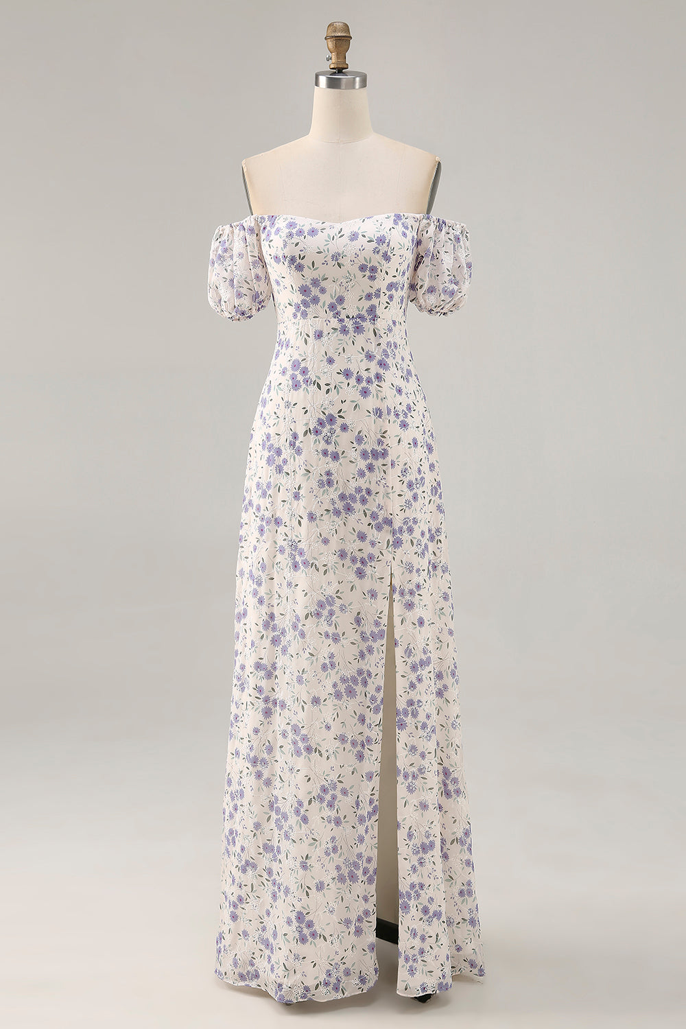 A Linie Druck Blaue Blume Langes Hochzeitsgastkleid mit Schlitz
