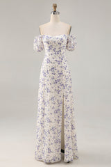 A Linie Druck Blaue Blume Langes Hochzeitsgastkleid mit Schlitz