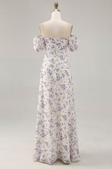 A Linie Druck Blaue Blume Langes Hochzeitsgastkleid mit Schlitz