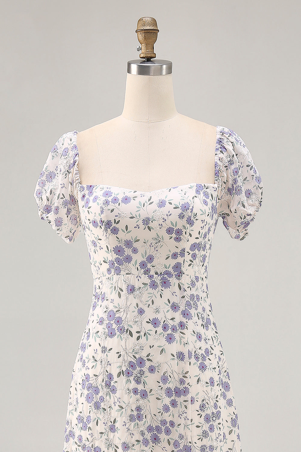 A Linie Druck Blaue Blume Langes Hochzeitsgastkleid mit Schlitz
