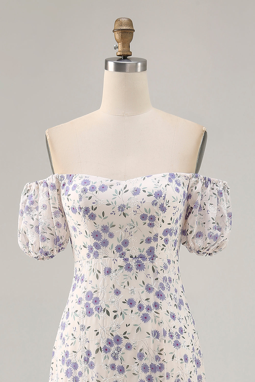 A Linie Druck Blaue Blume Langes Hochzeitsgastkleid mit Schlitz