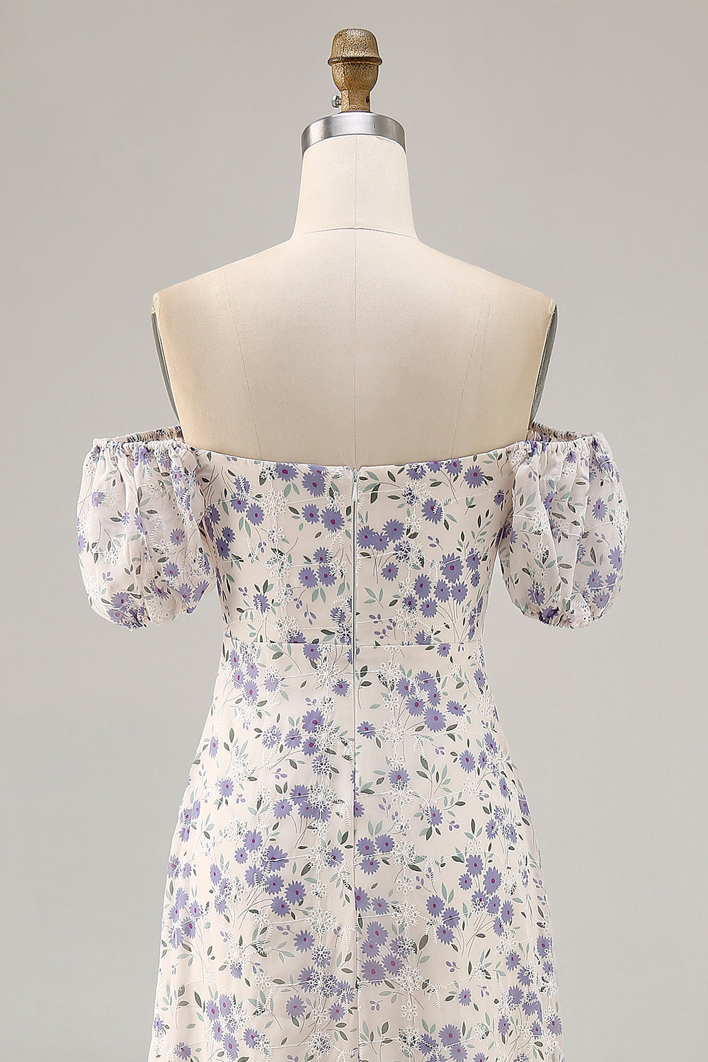 A Linie Druck Blaue Blume Langes Hochzeitsgastkleid mit Schlitz