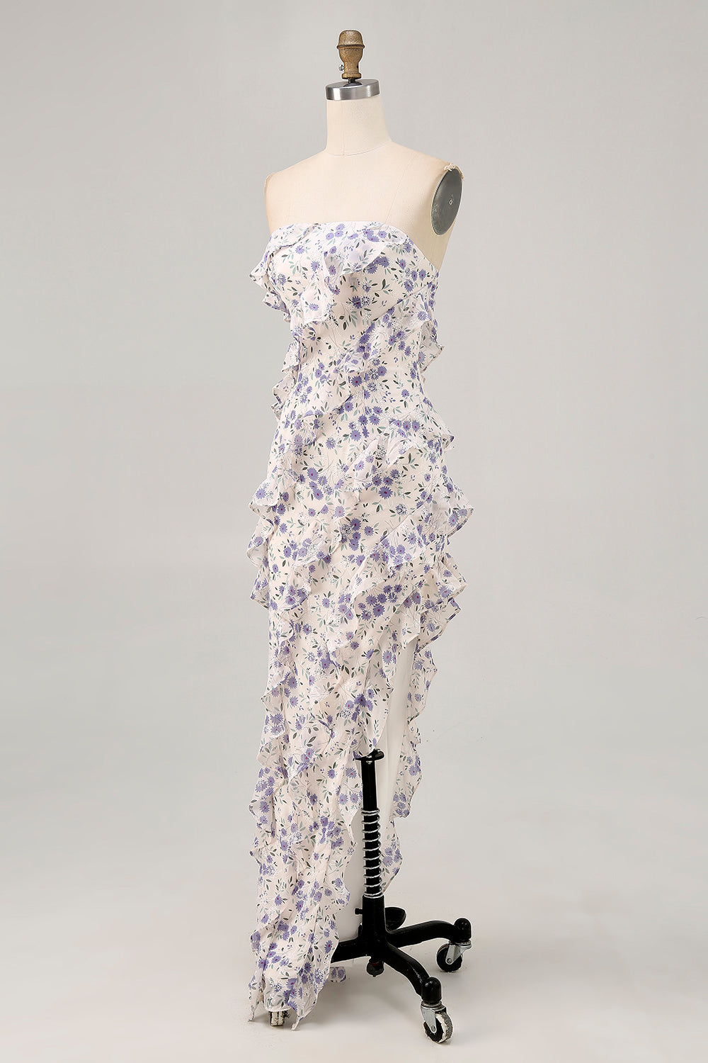 Blaues Trägerloses Etui Brautjungfernkleid mit Blumen und Rüschen