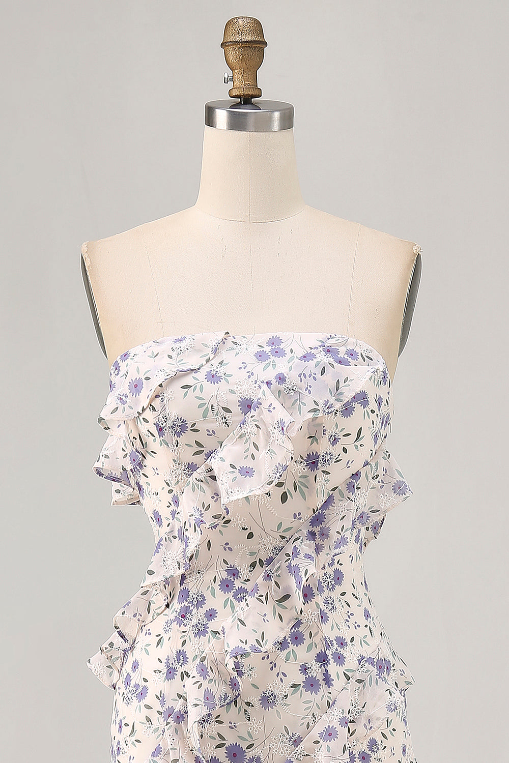 Blaues Trägerloses Etui Brautjungfernkleid mit Blumen und Rüschen