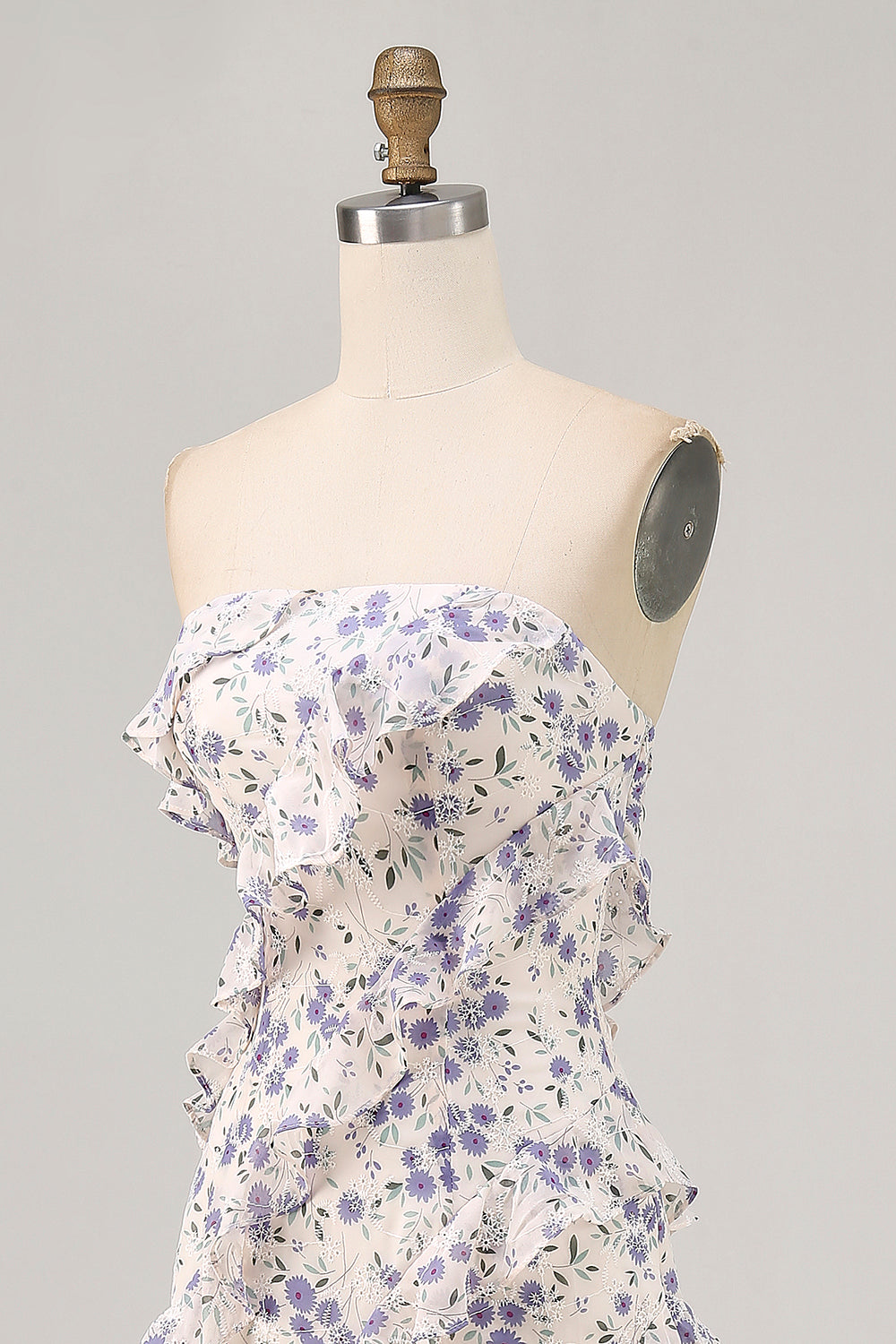 Blaues Trägerloses Etui Brautjungfernkleid mit Blumen und Rüschen