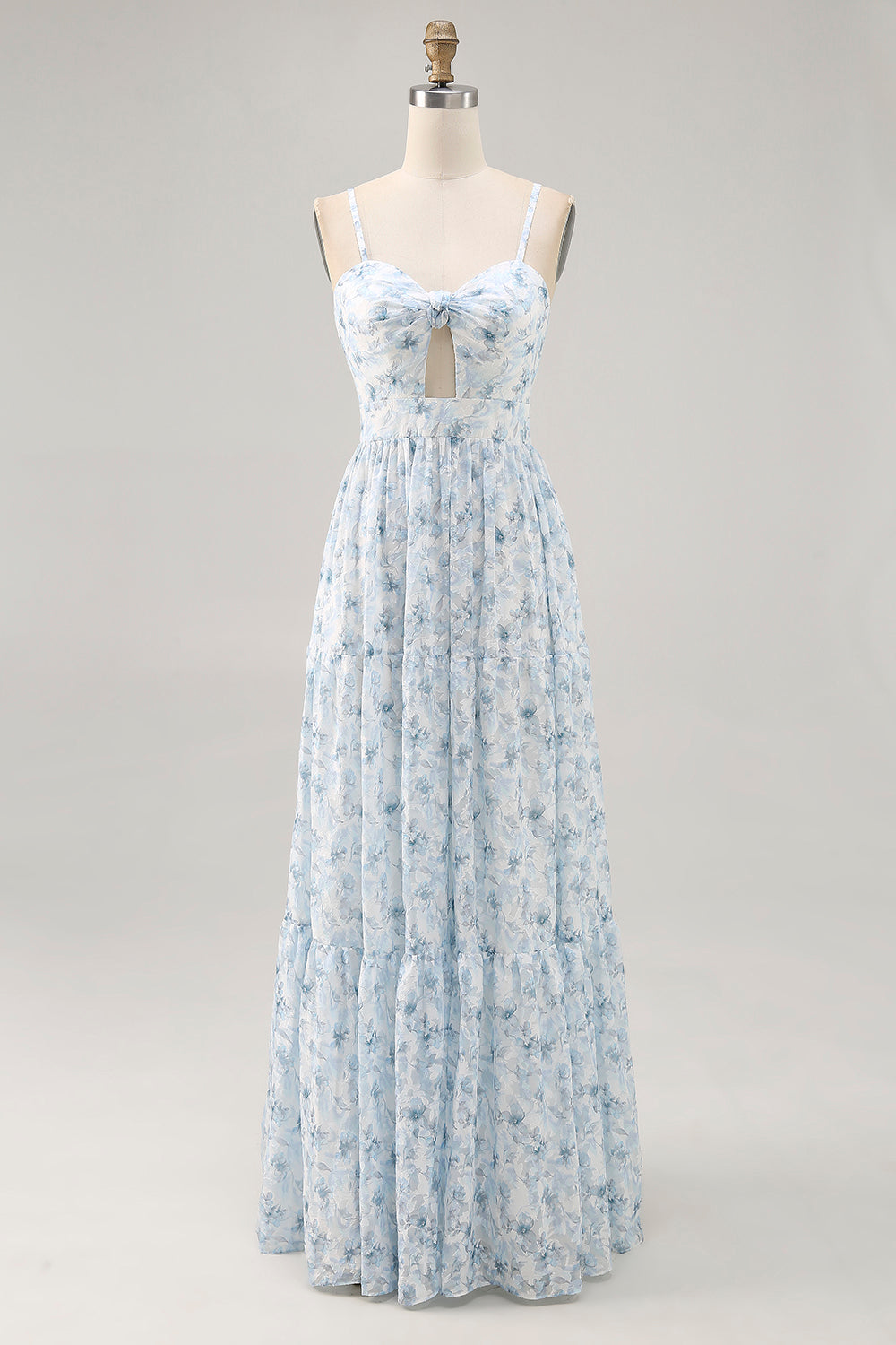Blaues Bedrucktes Blumen Spaghettiträger Kleid für Hochzeitsgäste