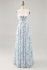 Blaues Bedrucktes Blumen Spaghettiträger Kleid für Hochzeitsgäste
