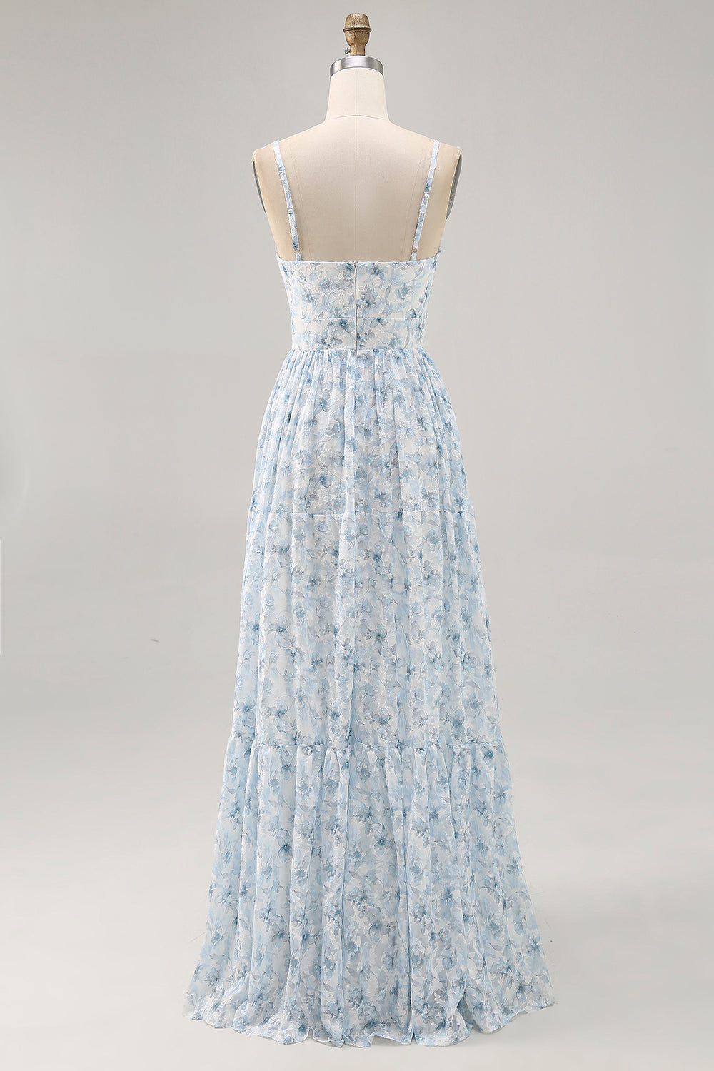 Blaues Bedrucktes Blumen Spaghettiträger Kleid für Hochzeitsgäste