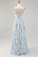 Blaues Bedrucktes Blumen Spaghettiträger Kleid für Hochzeitsgäste