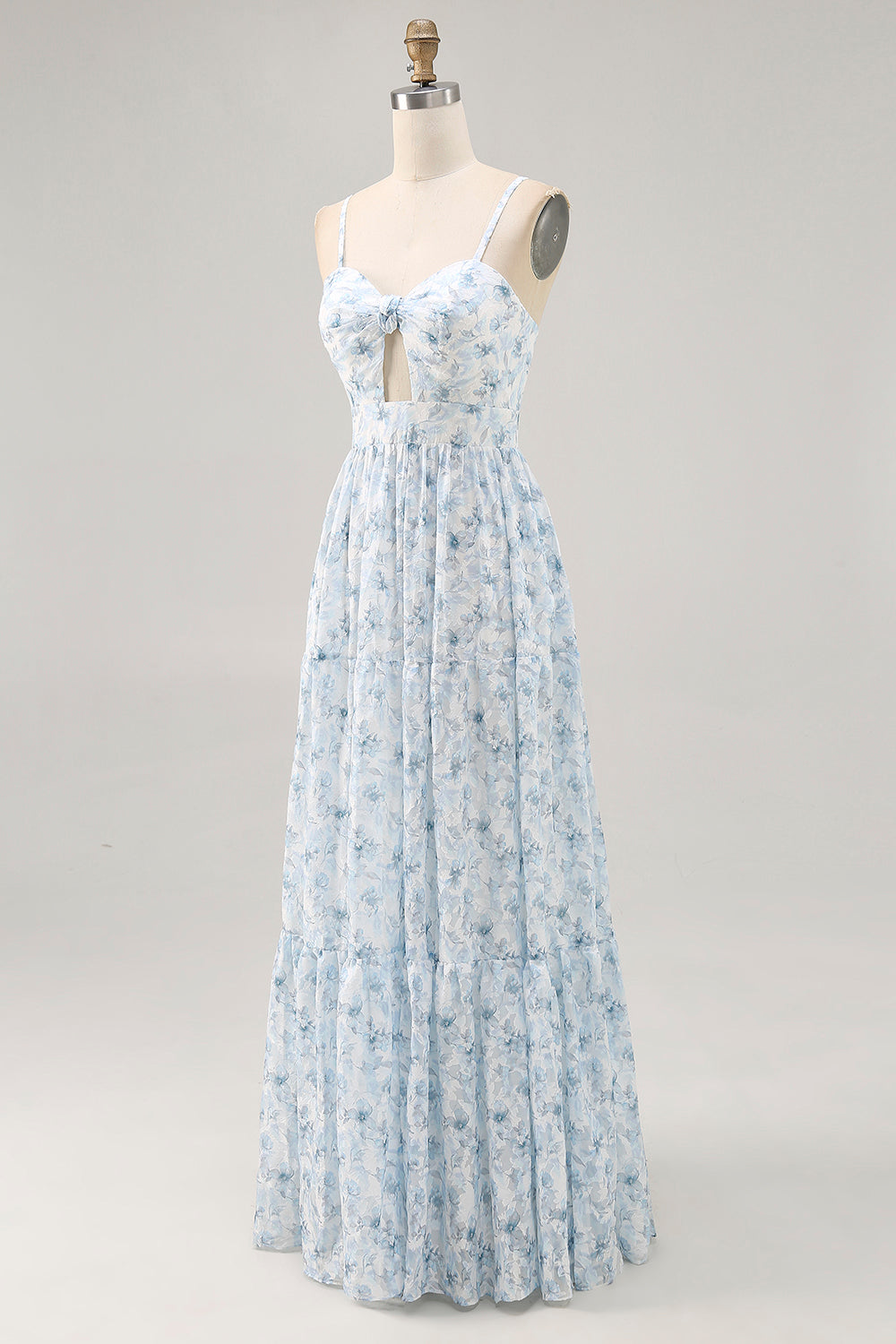 Blaues Bedrucktes Blumen Spaghettiträger Kleid für Hochzeitsgäste