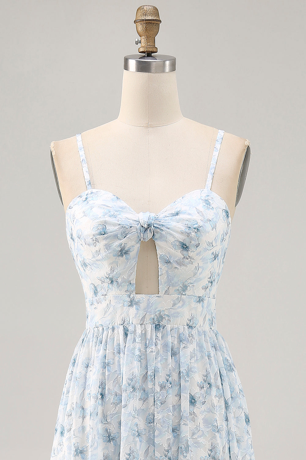 Blaues Bedrucktes Blumen Spaghettiträger Kleid für Hochzeitsgäste