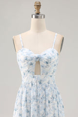 Blaues Bedrucktes Blumen Spaghettiträger Kleid für Hochzeitsgäste