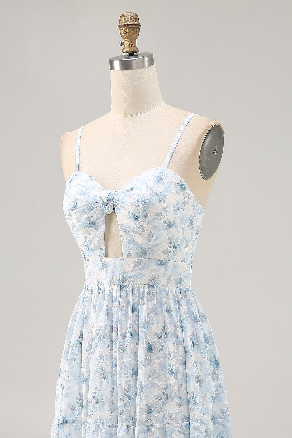 Blaues Bedrucktes Blumen Spaghettiträger Kleid für Hochzeitsgäste