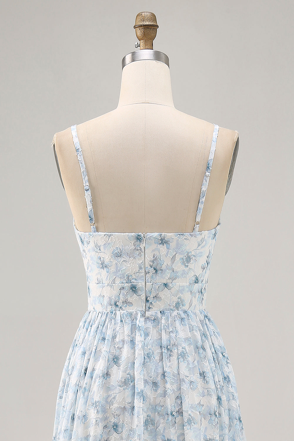 Blaues Bedrucktes Blumen Spaghettiträger Kleid für Hochzeitsgäste