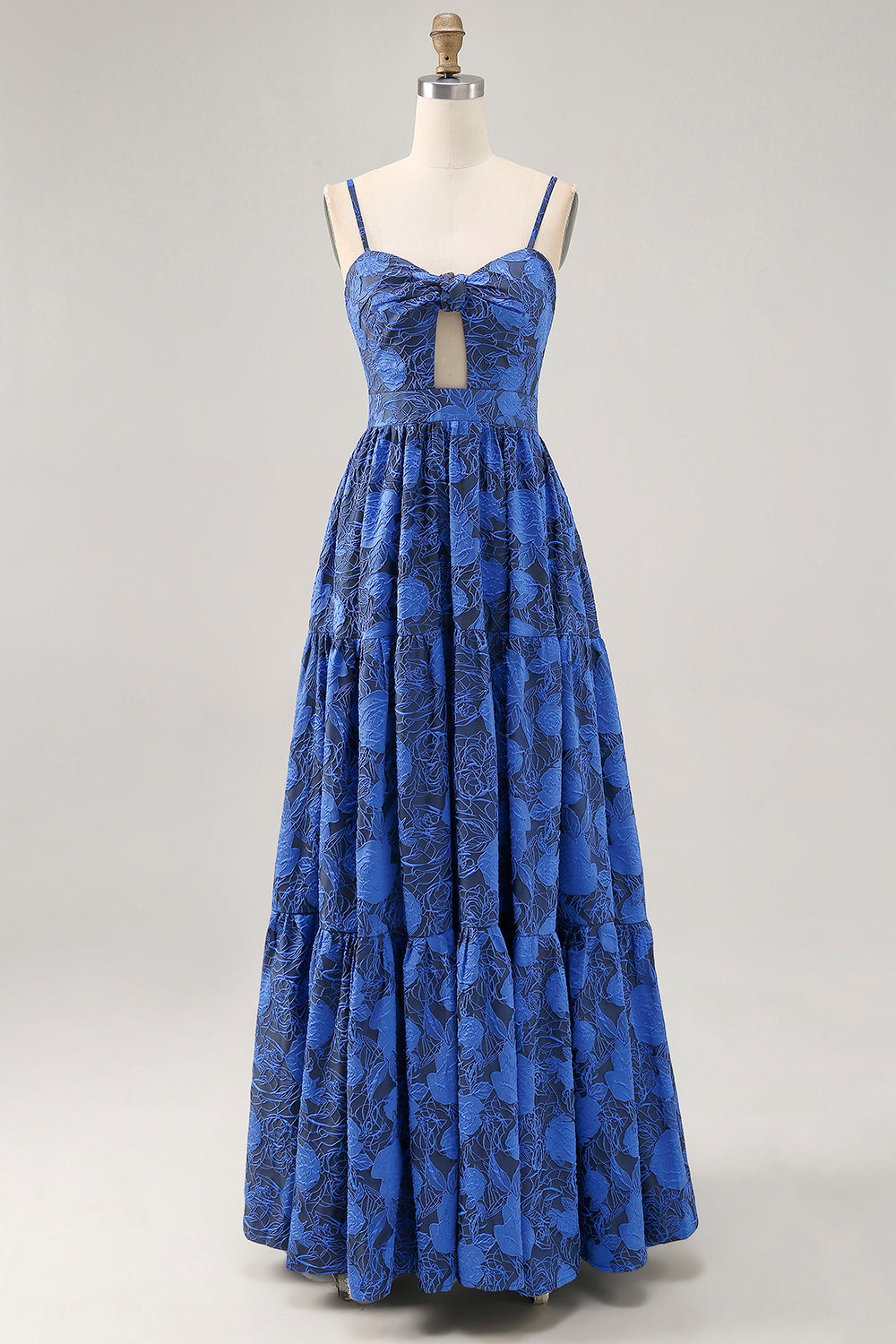 Blumen A Linie Blaues Spaghettiträger Hochzeitsgastkleid