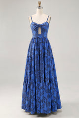 Blumen A Linie Blaues Spaghettiträger Hochzeitsgastkleid