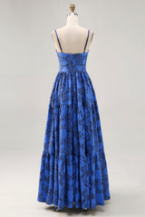 Blumen A Linie Blaues Spaghettiträger Hochzeitsgastkleid