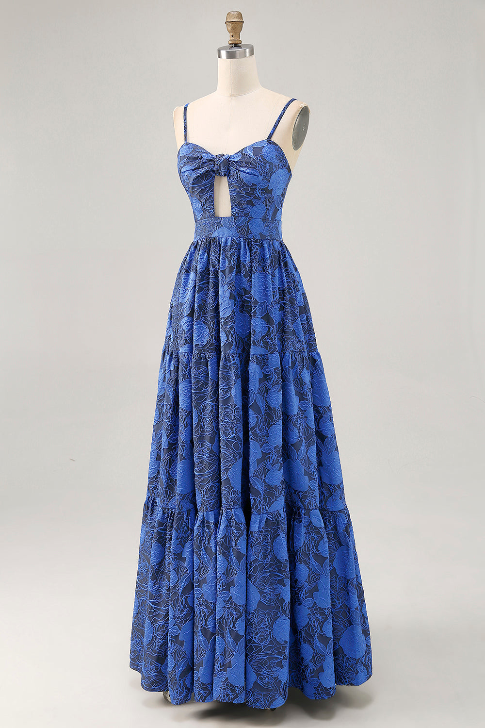 Blumen A Linie Blaues Spaghettiträger Hochzeitsgastkleid