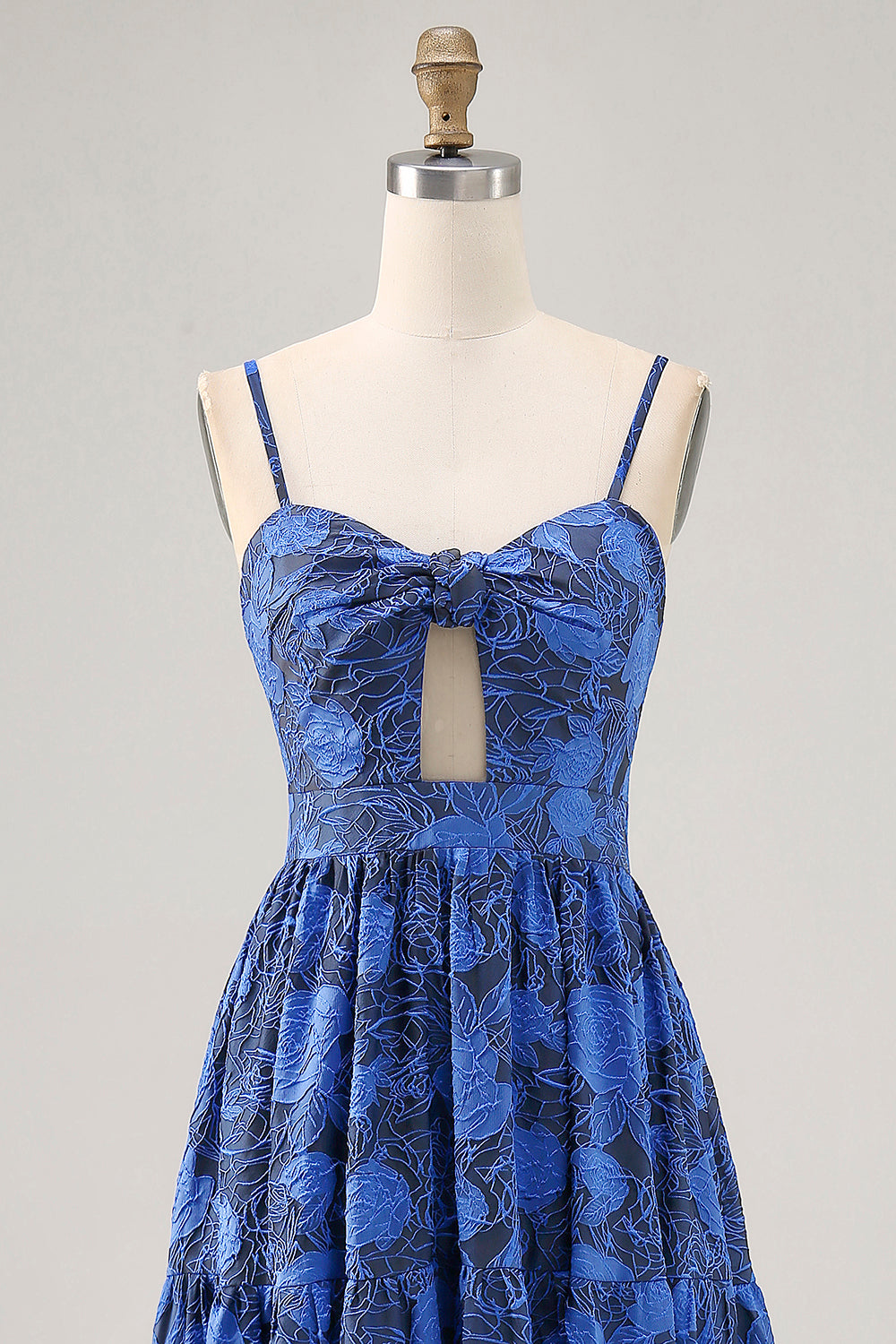 Blumen A Linie Blaues Spaghettiträger Hochzeitsgastkleid