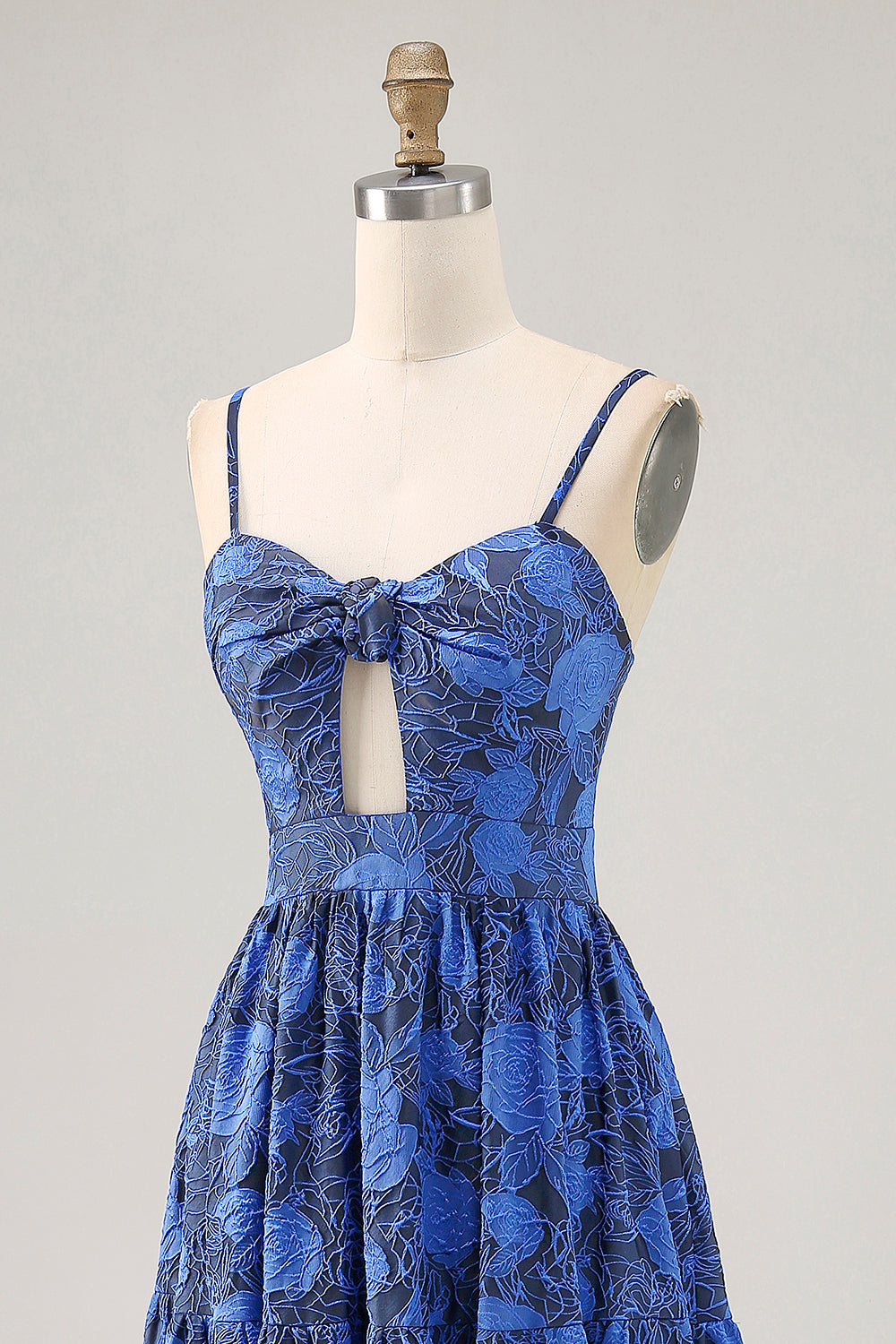 Blumen A Linie Blaues Spaghettiträger Hochzeitsgastkleid