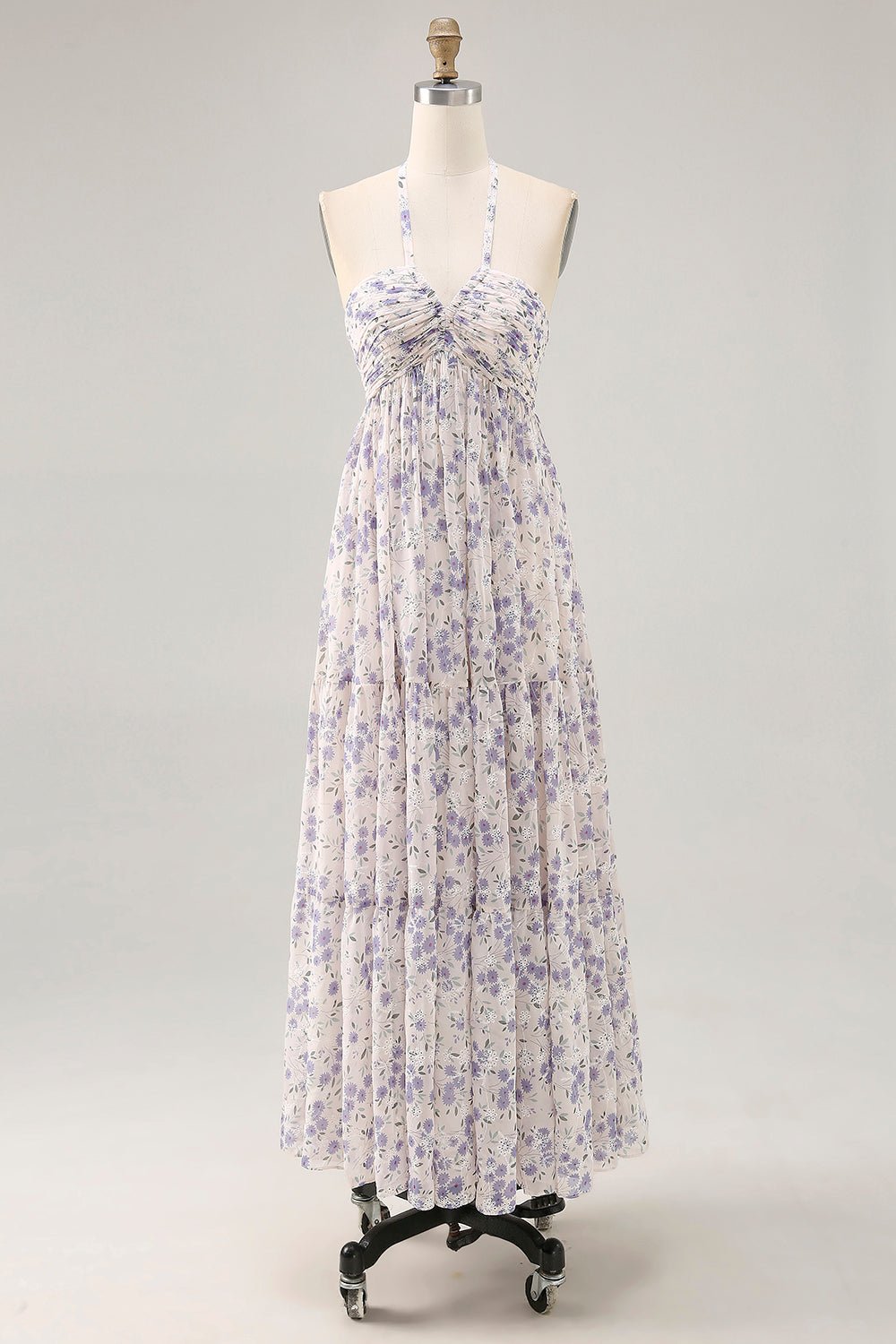 Blumen Gerafftes A Linie Blaues Neckholder Langes Hochzeitsgastkleid