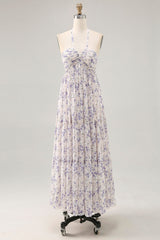 Blumen Gerafftes A Linie Blaues Neckholder Langes Hochzeitsgastkleid