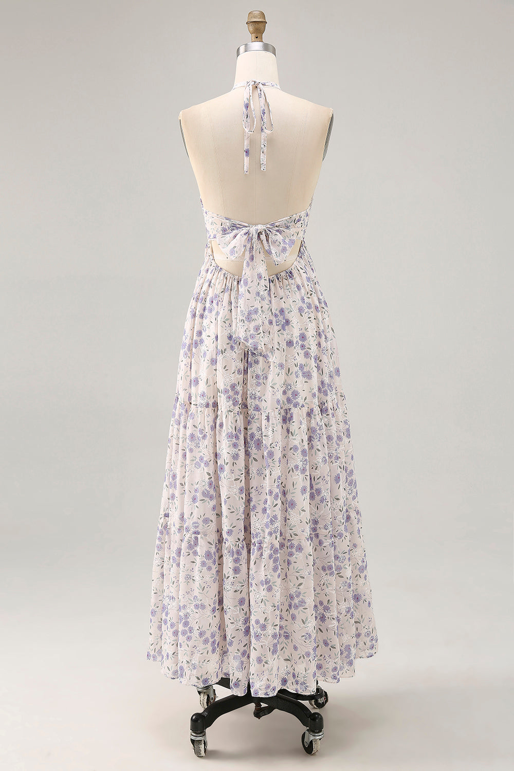 Blumen Gerafftes A Linie Blaues Neckholder Langes Hochzeitsgastkleid
