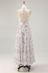 Blumen Gerafftes A Linie Blaues Neckholder Langes Hochzeitsgastkleid