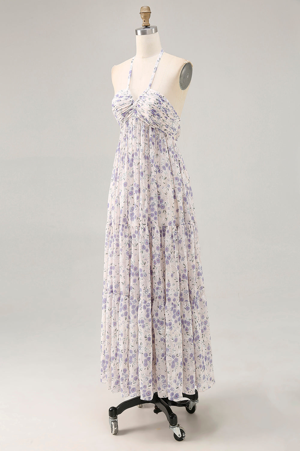 Blumen Gerafftes A Linie Blaues Neckholder Langes Hochzeitsgastkleid