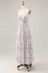 Blumen Gerafftes A Linie Blaues Neckholder Langes Hochzeitsgastkleid