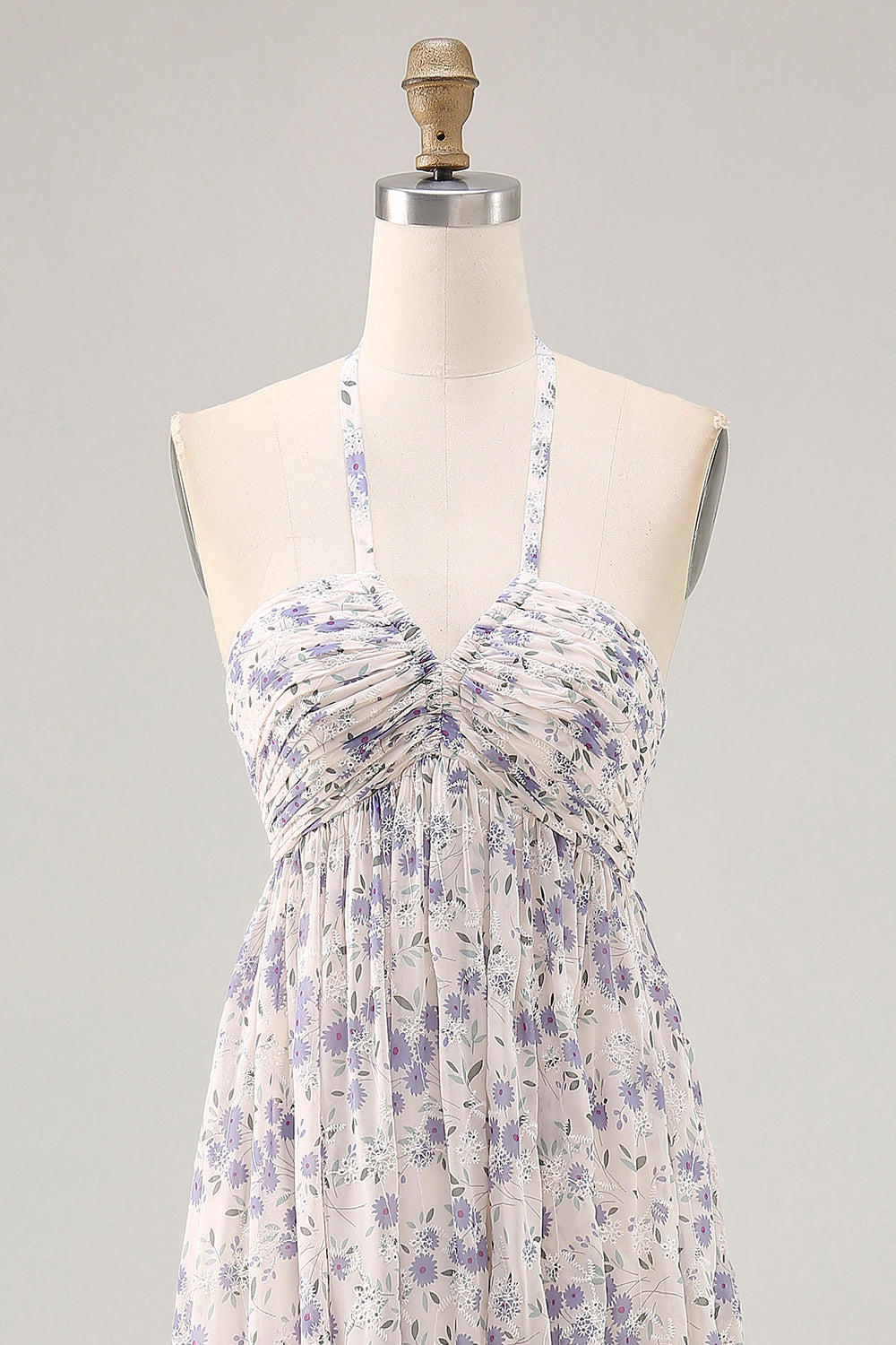 Blumen Gerafftes A Linie Blaues Neckholder Langes Hochzeitsgastkleid
