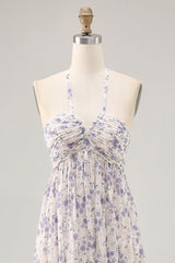 Blumen Gerafftes A Linie Blaues Neckholder Langes Hochzeitsgastkleid