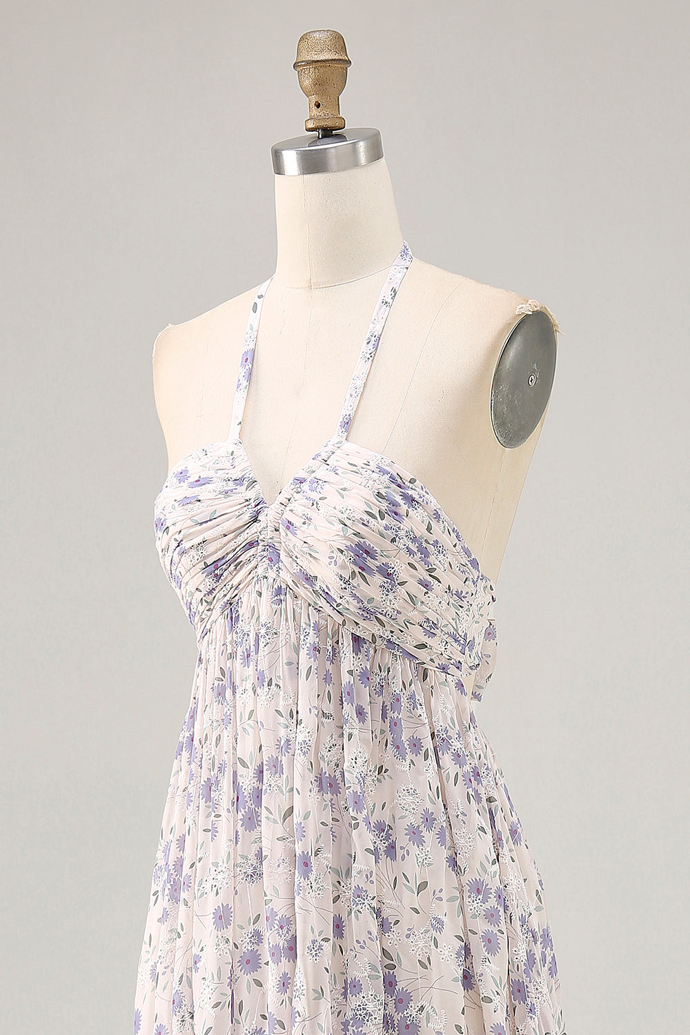Blumen Gerafftes A Linie Blaues Neckholder Langes Hochzeitsgastkleid