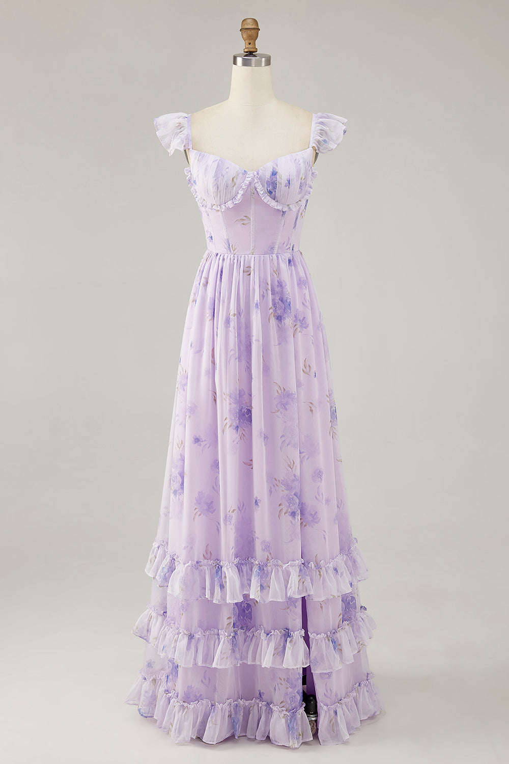 Lavendelblüten A-Linie Bedrucktes Gerüschtes Brautjungfernkleid mit Schlitz