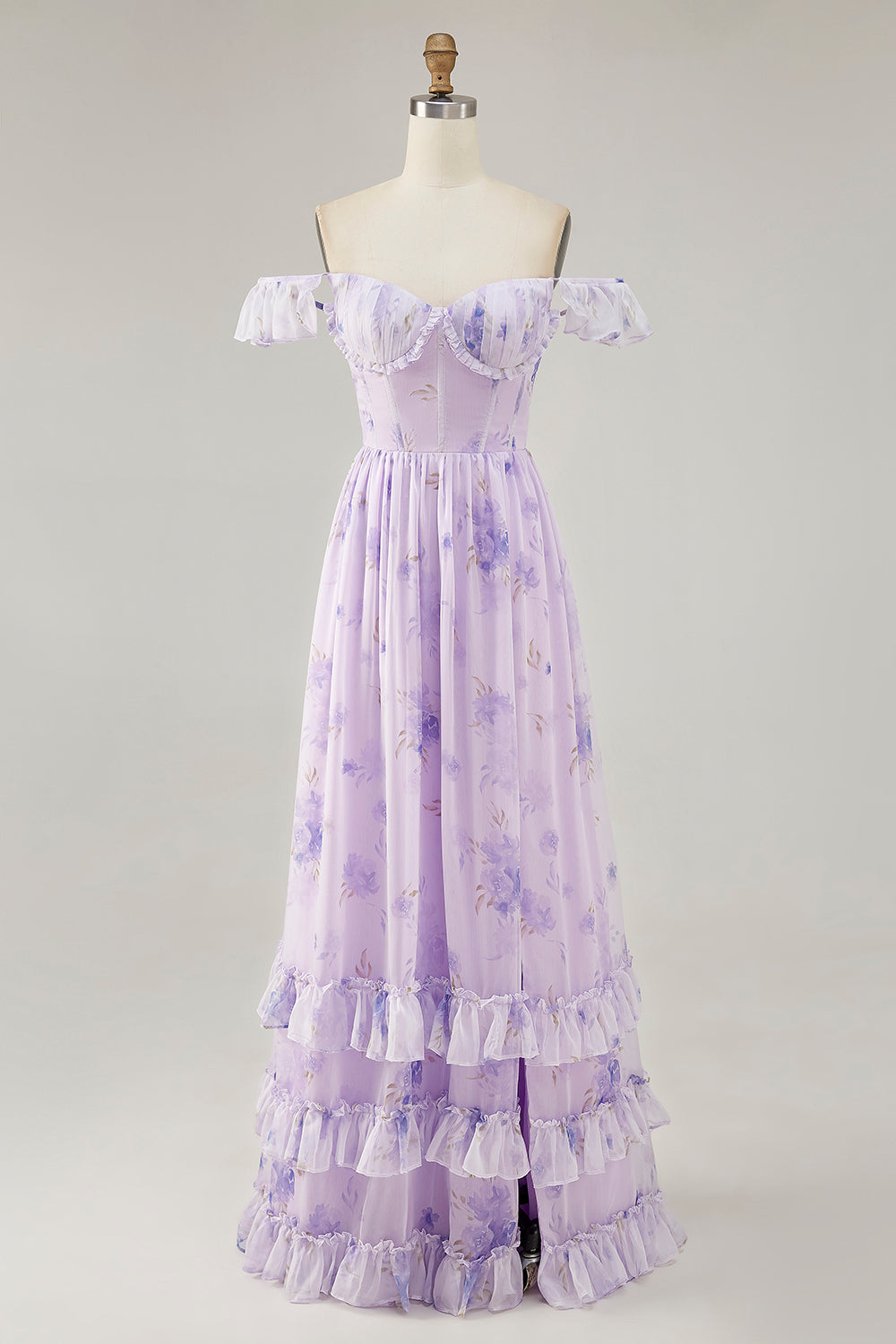 Lavendelblüten A-Linie Bedrucktes Gerüschtes Brautjungfernkleid mit Schlitz