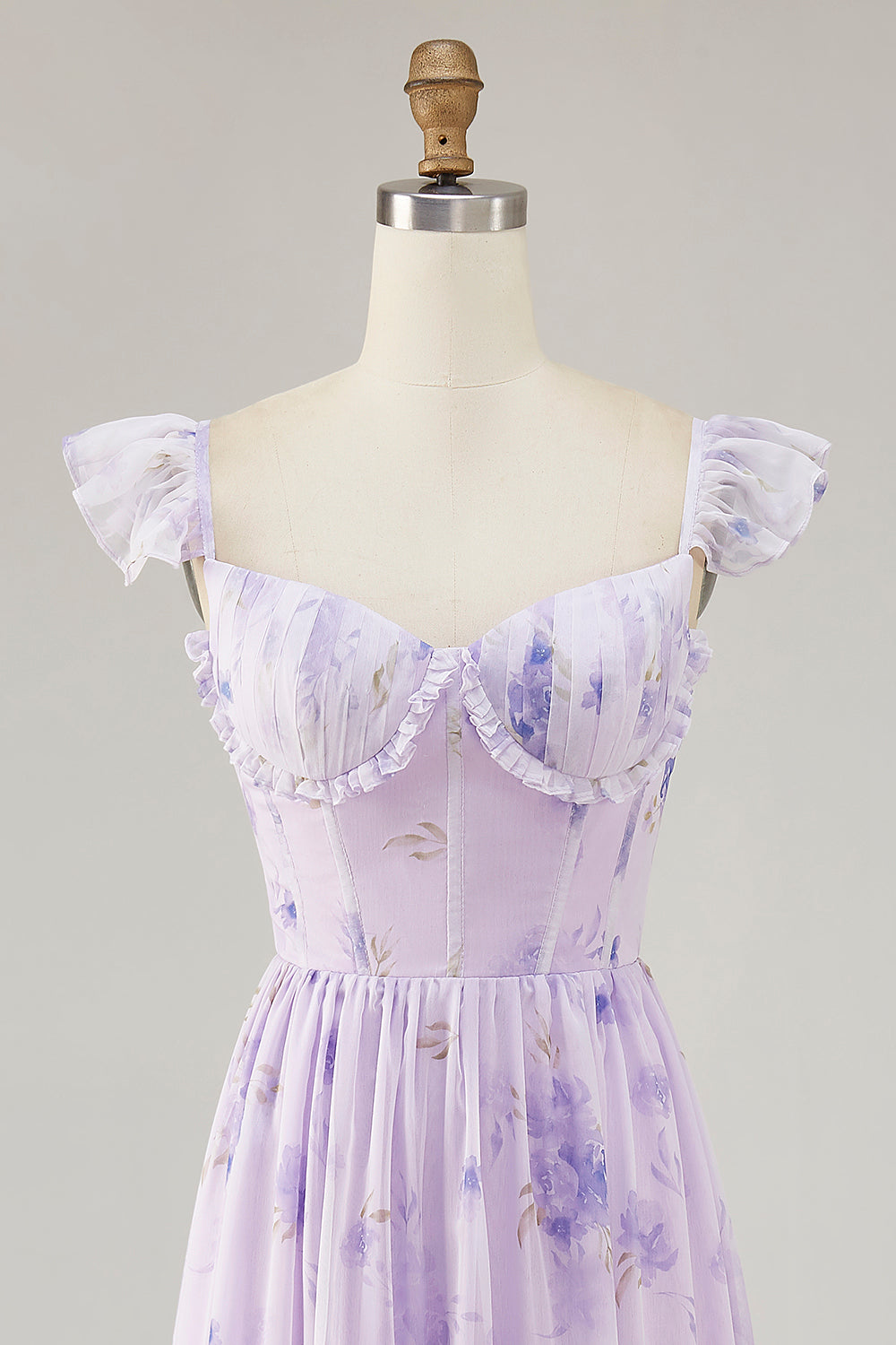 Lavendelblüten A-Linie Bedrucktes Gerüschtes Brautjungfernkleid mit Schlitz
