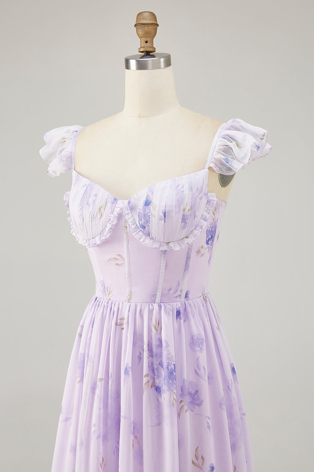 Lavendelblüten A-Linie Bedrucktes Gerüschtes Brautjungfernkleid mit Schlitz