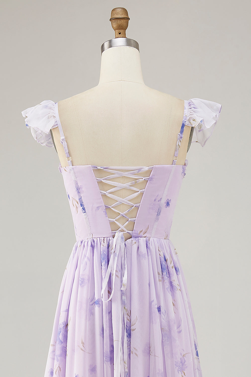 Lavendelblüten A-Linie Bedrucktes Gerüschtes Brautjungfernkleid mit Schlitz
