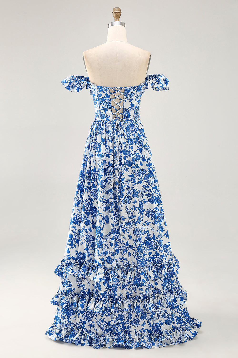 Schulterfreies Bedrucktes Blaues Hochzeitsgastkleid mit Rüschen und Schlitz