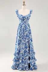 Schulterfreies Bedrucktes Blaues Hochzeitsgastkleid mit Rüschen und Schlitz