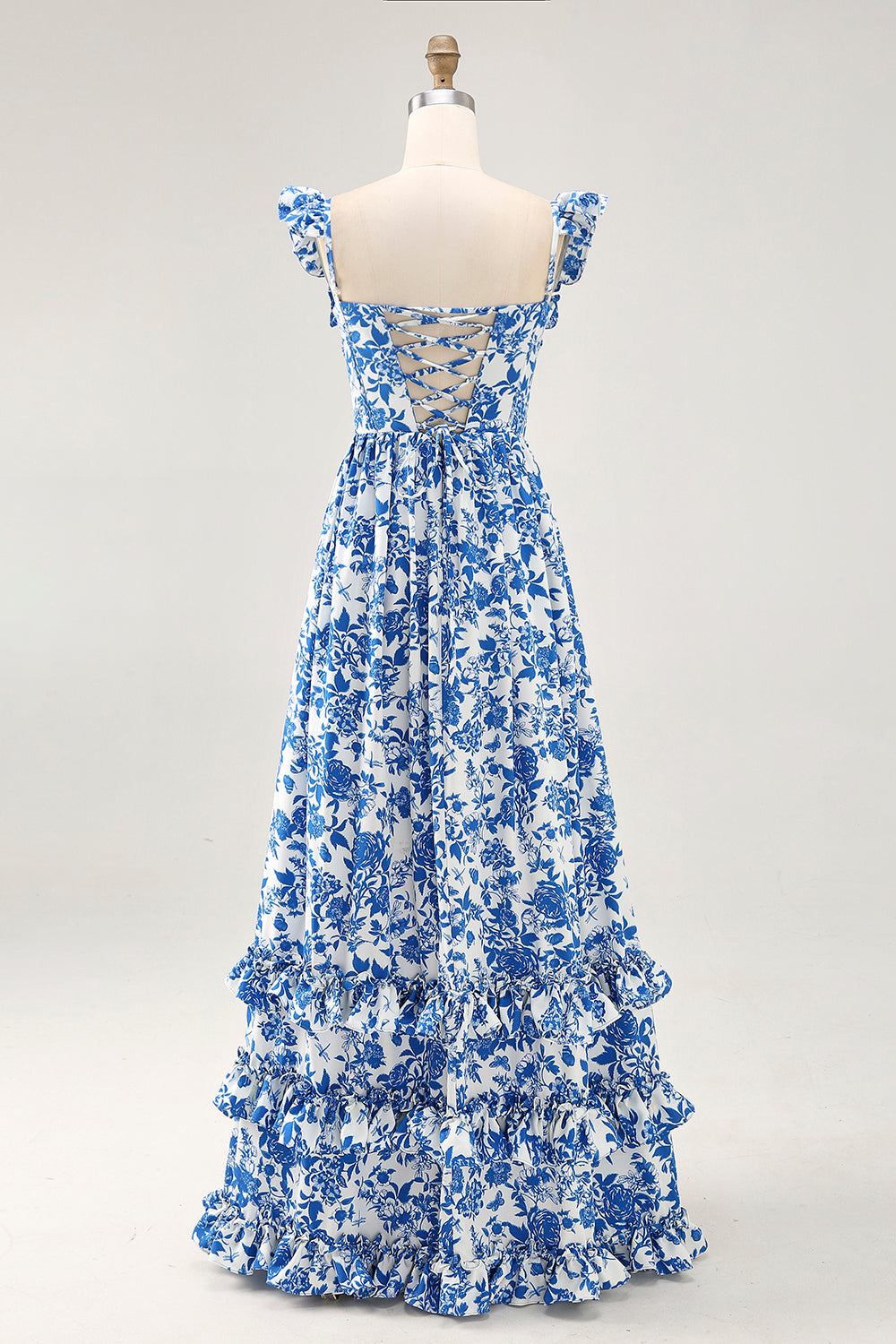 Schulterfreies Bedrucktes Blaues Hochzeitsgastkleid mit Rüschen und Schlitz