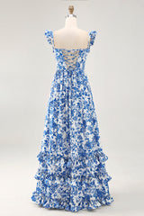 Schulterfreies Bedrucktes Blaues Hochzeitsgastkleid mit Rüschen und Schlitz