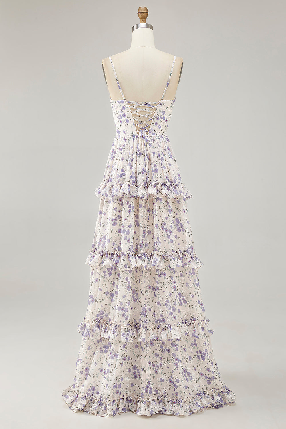 Lila Blume Bedrucktes A-Linie Ausgeschnitten Hochzeitsgastkleid mit Schlitz