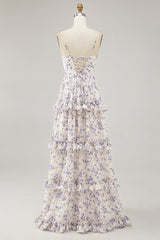 Lila Blume Bedrucktes A-Linie Ausgeschnitten Hochzeitsgastkleid mit Schlitz