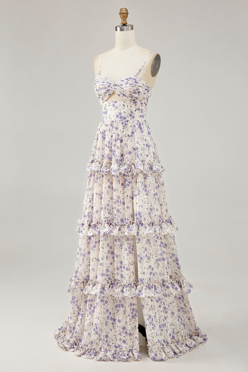 Lila Blume Bedrucktes A-Linie Ausgeschnitten Hochzeitsgastkleid mit Schlitz