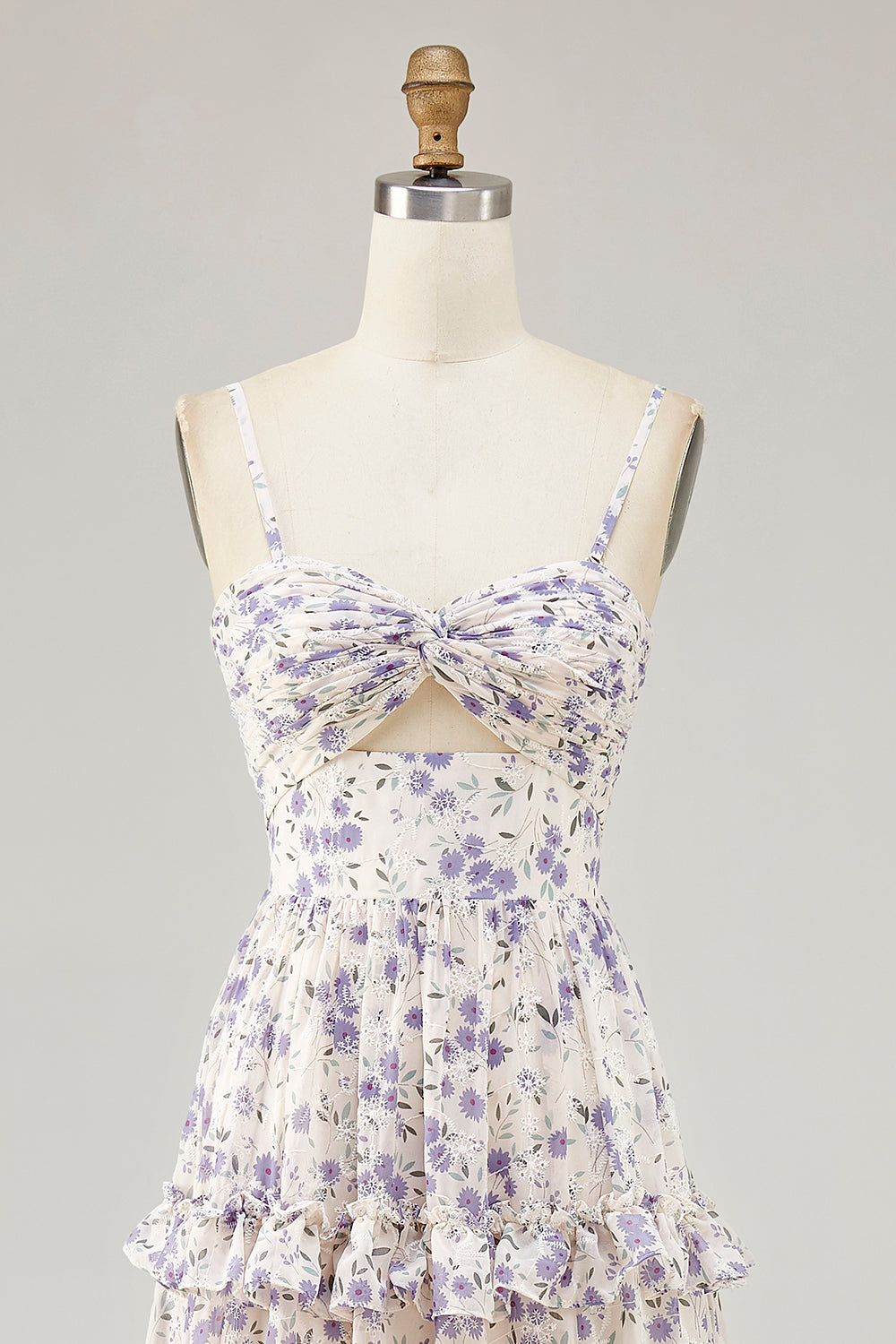 Lila Blume Bedrucktes A-Linie Ausgeschnitten Hochzeitsgastkleid mit Schlitz