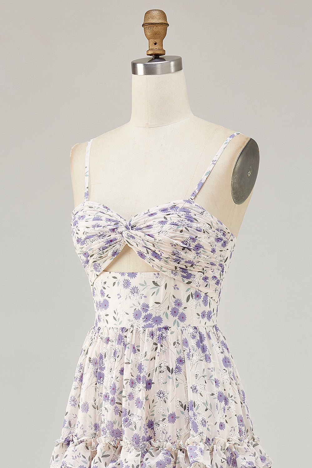 Lila Blume Bedrucktes A-Linie Ausgeschnitten Hochzeitsgastkleid mit Schlitz